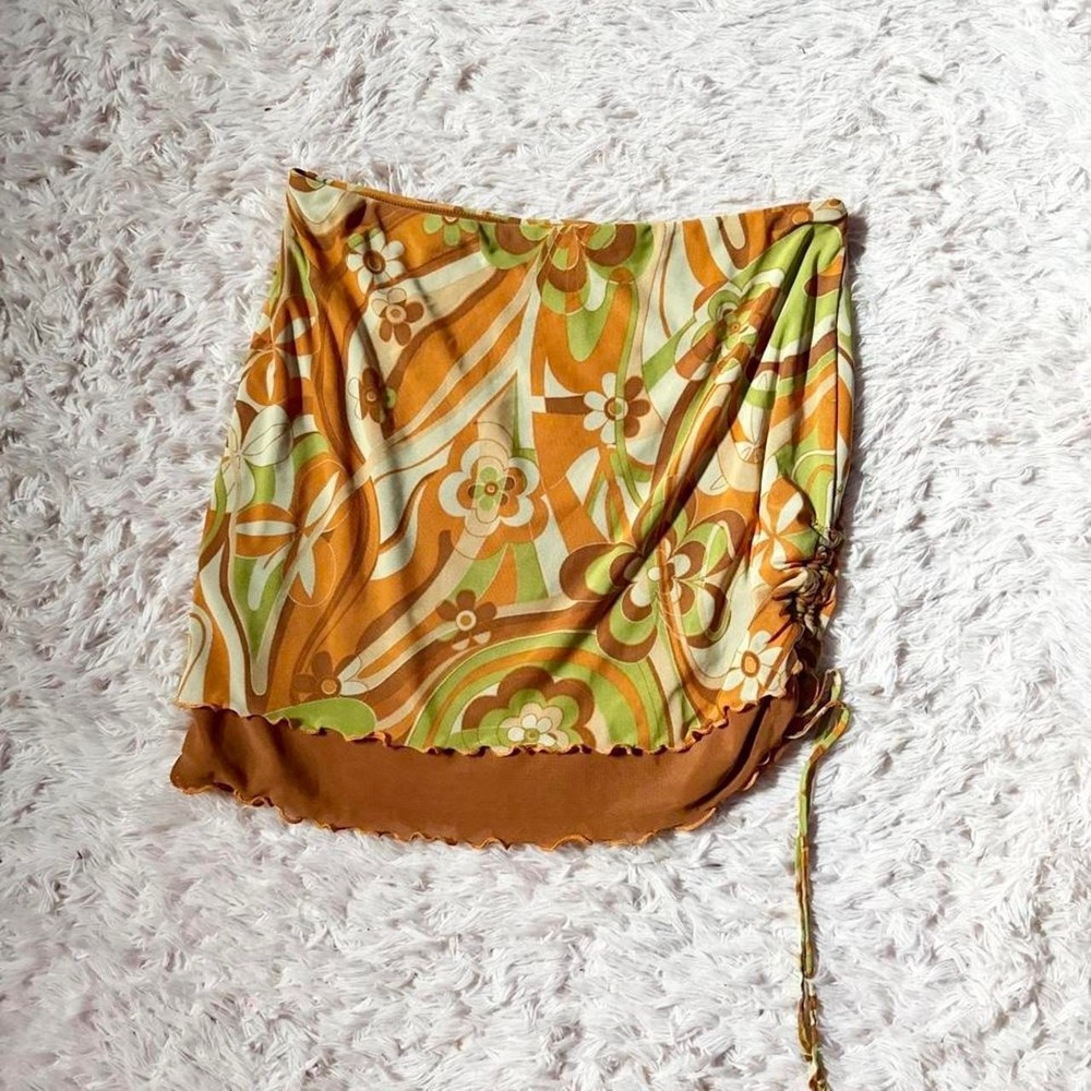 Retro Groovy Flower Child Funky Hippie Festival Rave Ruched Mini Skirt Womens XL